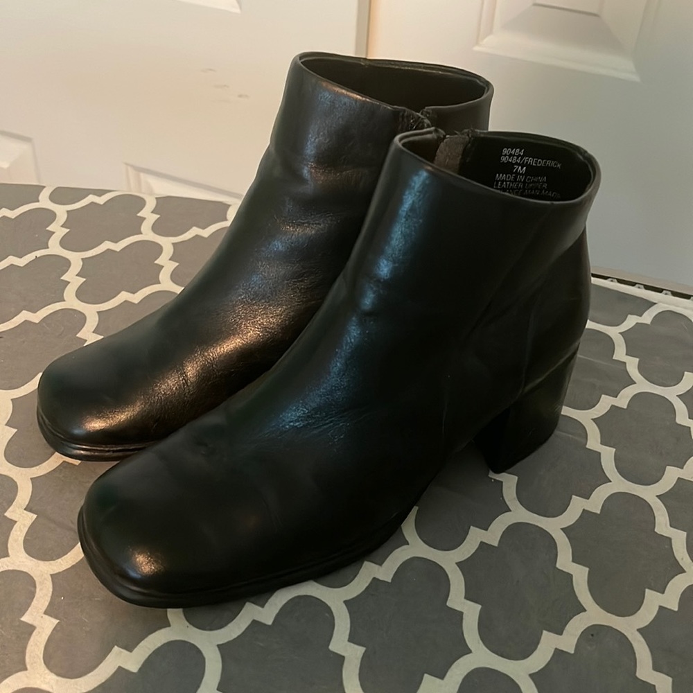 Frederick black leather ankle booties, size 7.